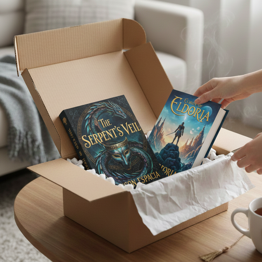 Stacks of pastel-coloured books in pink, yellow, lilac, and mint sit on a wooden floor near a cozy window seat. Golden confetti and soft light fill the room, creating a warm, celebratory atmosphere.