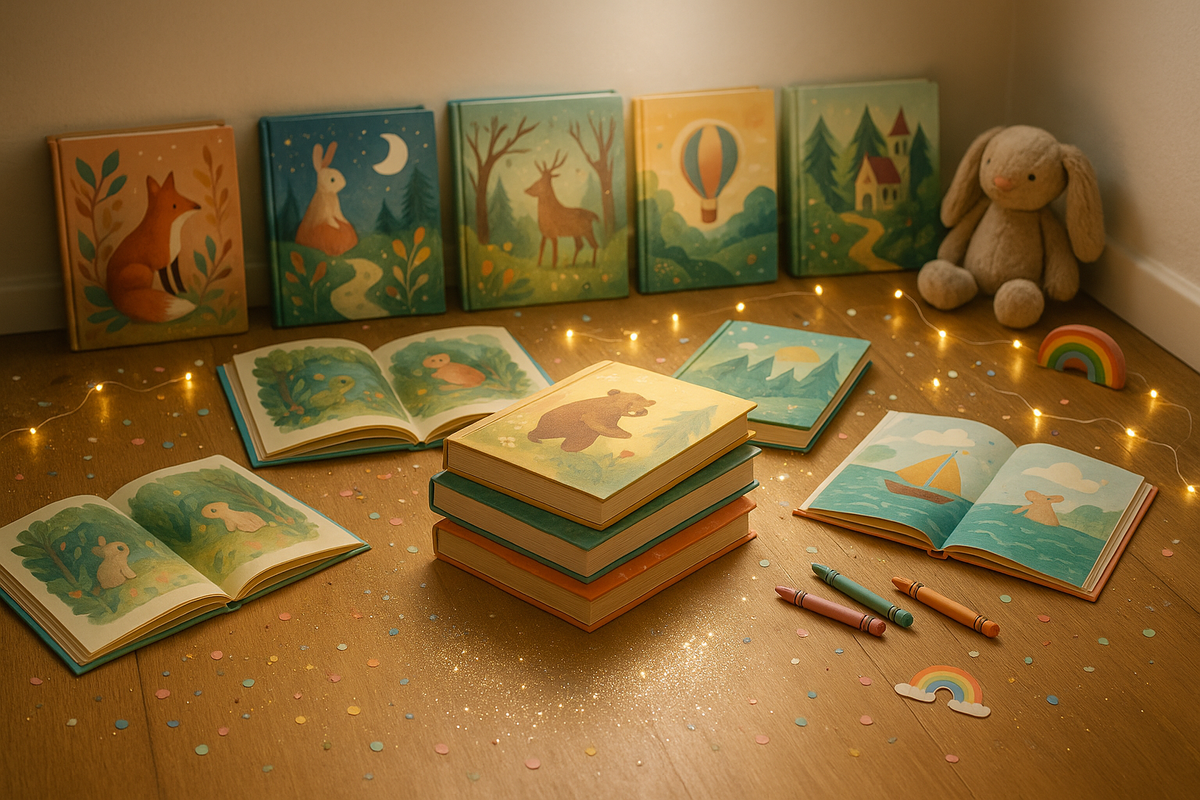 A cozy corner filled with beautifully illustrated children’s books featuring animals, forests, and balloons. Fairy lights, crayons, confetti, and a plush bunny create a warm, magical storytime atmosphere.