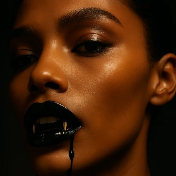 A woman with golden-brown skin and glossy black lips bares sharp vampire fangs as black liquid drips slowly from her mouth, creating a haunting and powerful image against a dark background.
