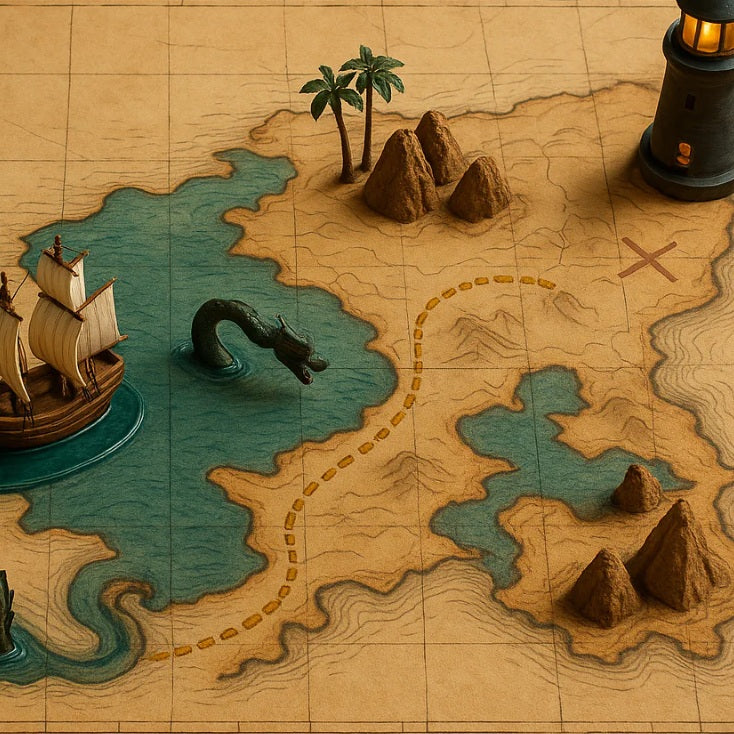 A parchment treasure map with a golden dotted trail leading to a red X. Tiny 3D ships, a sea serpent, palm trees, and a glowing lighthouse rise from the flat map.