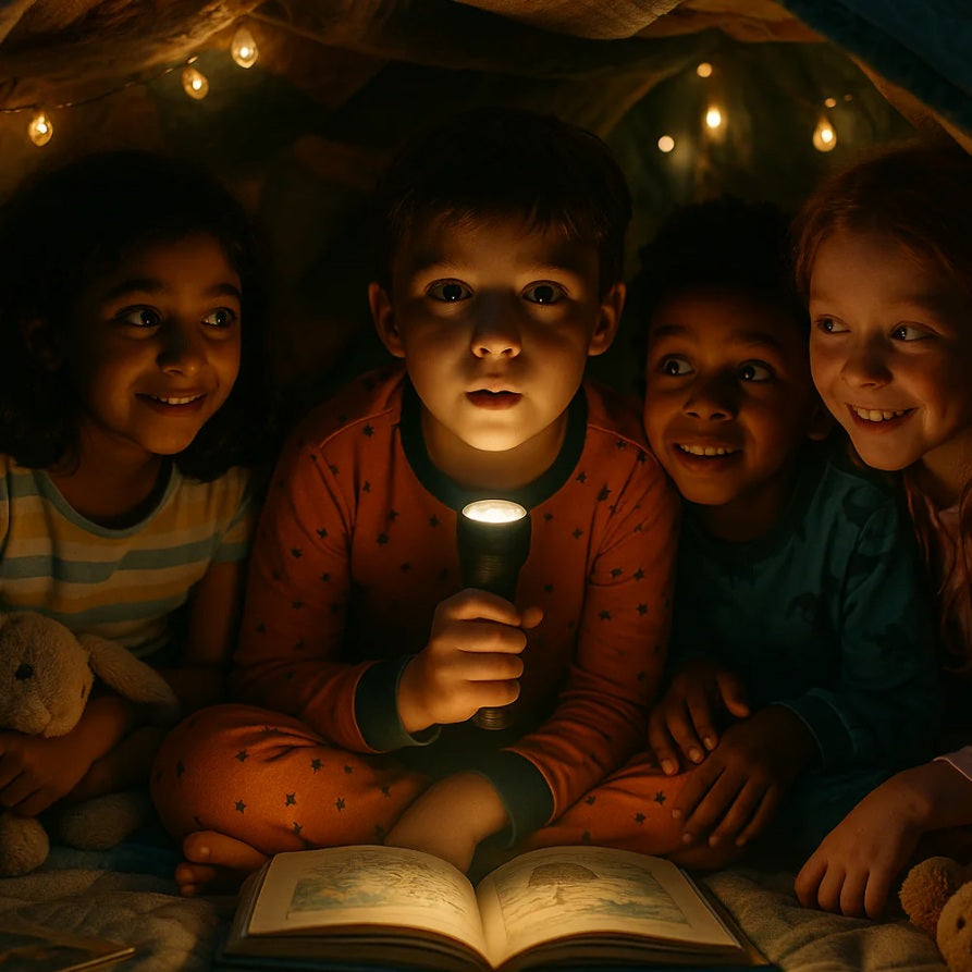 Four children in colourful pyjamas sit inside a blanket fort, lit by a flashlight and soft fairy lights. They listen wide-eyed as one child tells a ghost story, picture book open on the floor between them.