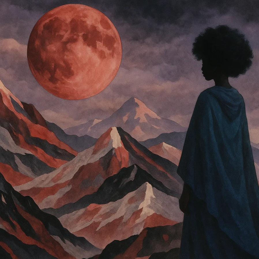 A woman with a large afro stands cloaked in deep blue, gazing over a vast mountain range bathed in red light beneath a huge glowing moon that fills the twilight sky.