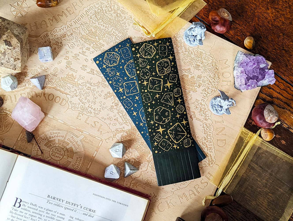 Dungeons Dice Pattern Bookmark- Gold Foil - Vegan Leather