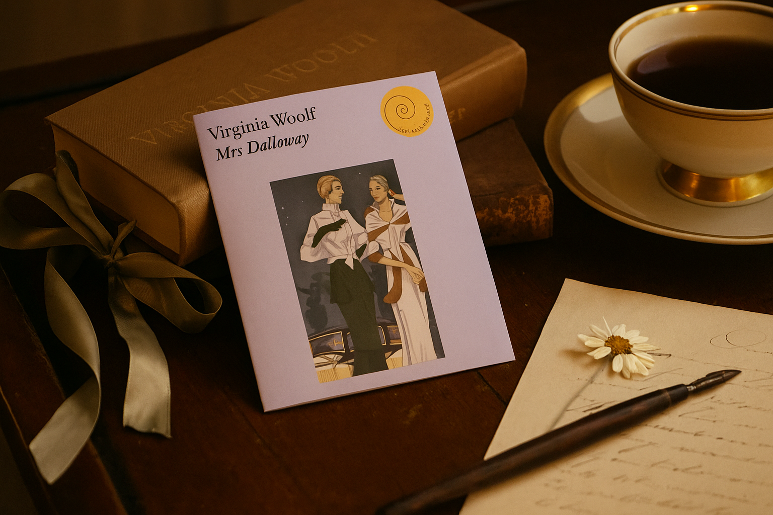 Book titled 'Mrs Dalloway' by Virginia Woolf on a wooden surface with a cup of tea, pen, and paper.