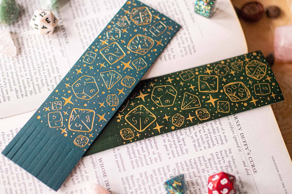 Dungeons Dice Pattern Bookmark- Gold Foil - Vegan Leather