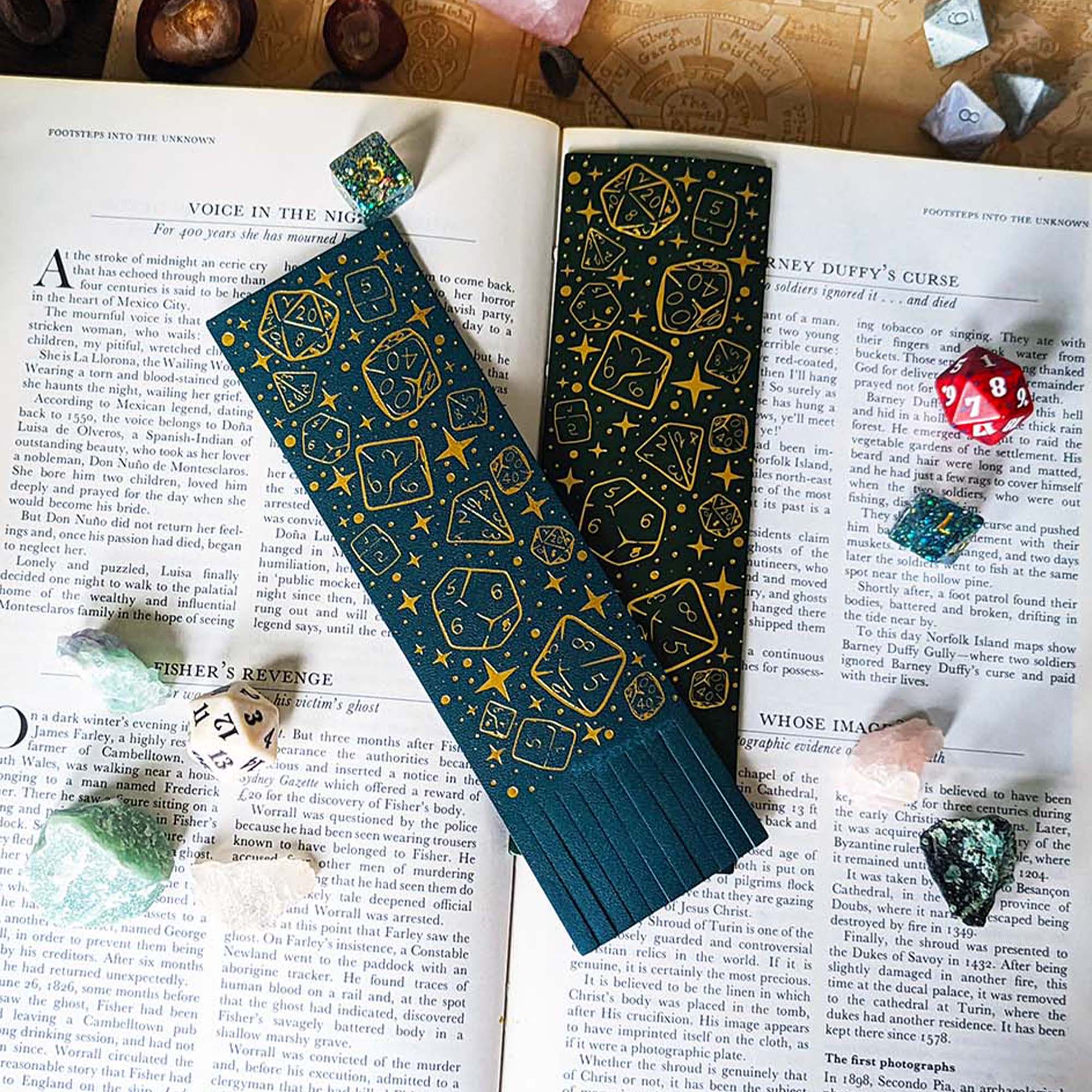 Dungeons Dice Pattern Bookmark- Gold Foil - Vegan Leather