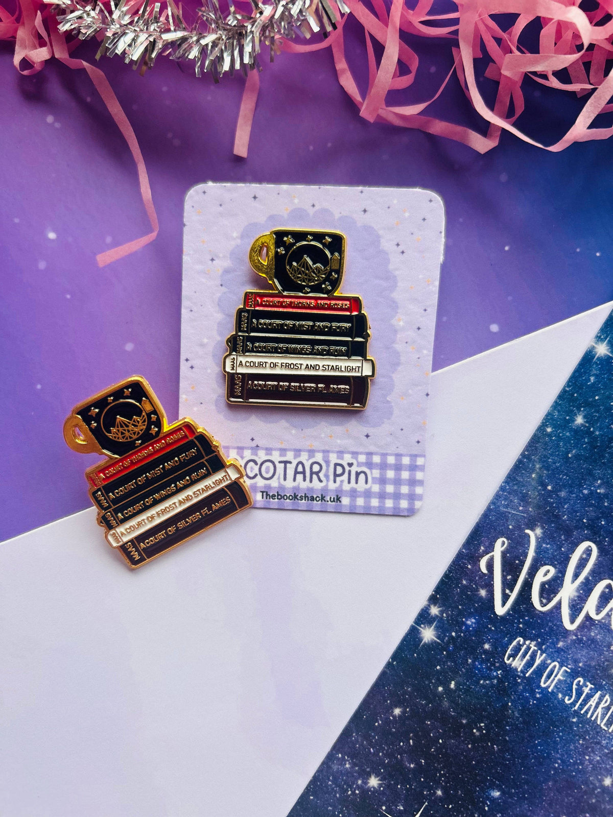 ACOTAR Inspired Book Stack & Teacup Enamel Pin – Fantasy Reader Bookish Pin