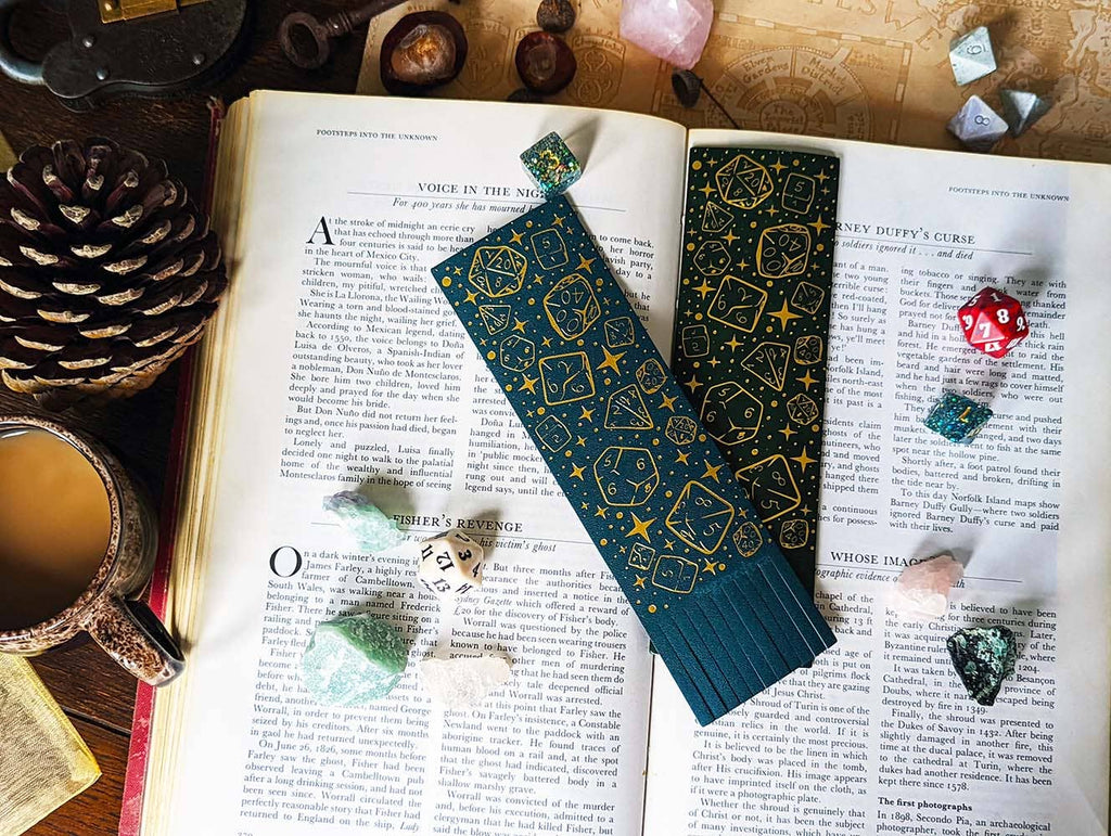 Dungeons Dice Pattern Bookmark- Gold Foil - Vegan Leather