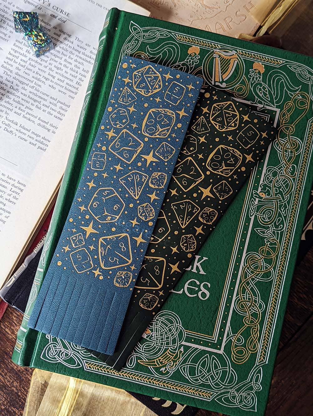 Dungeons Dice Pattern Bookmark- Gold Foil - Vegan Leather