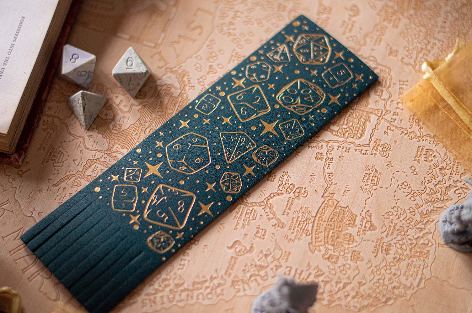 Dungeons Dice Pattern Bookmark- Gold Foil - Vegan Leather