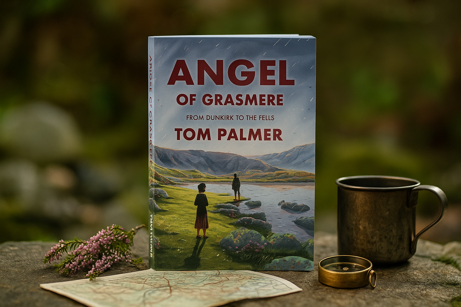 Book titled 'Angel of Grasmere' by Tom Palmer with a scenic cover, mug, and compass on a stone surface.