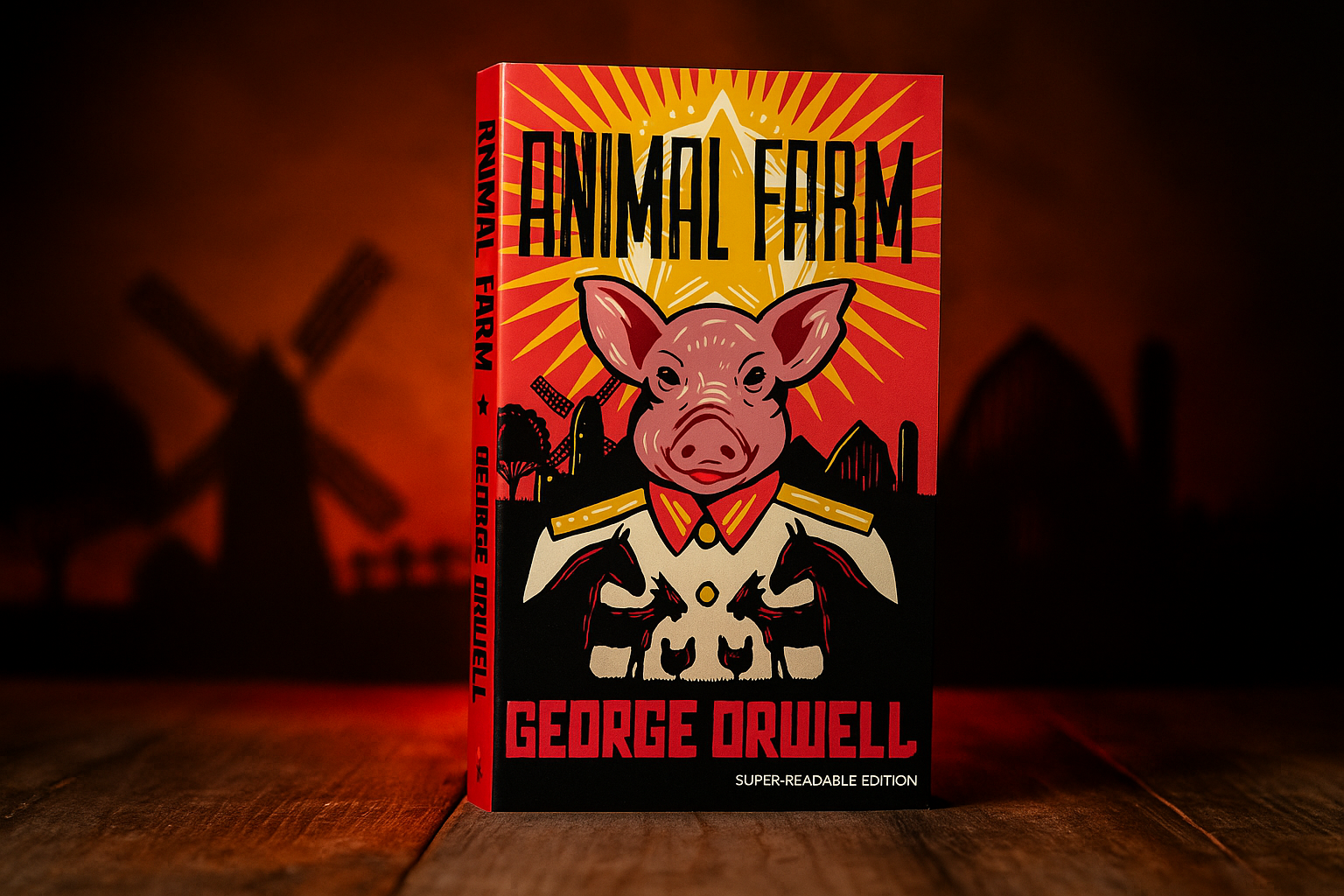 Book titled 'Animal Farm' by George Orwell with a pig character on the cover against a dark background.