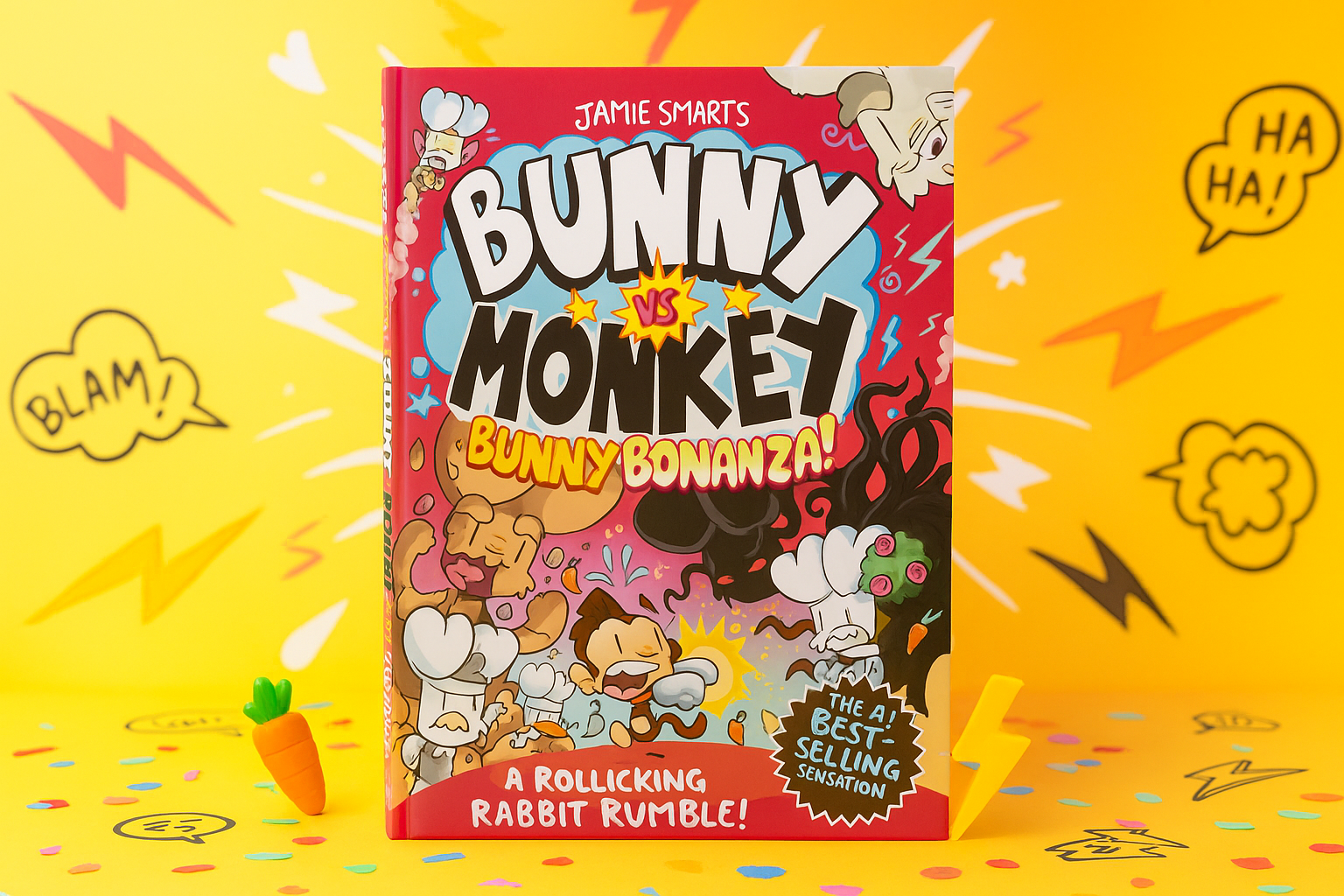 Book titled 'Bunny vs Monkey: Bunny Bonanza' by Jamie Smarts on a yellow background with cartoon characters and text.