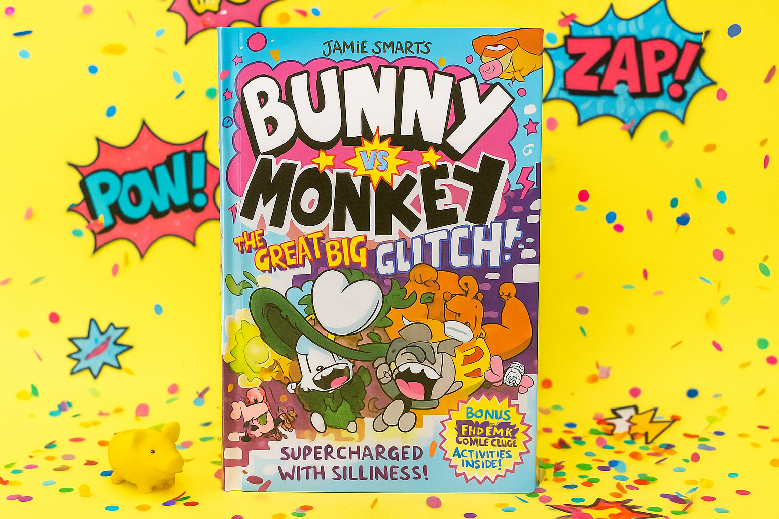 Book titled 'Bunny vs Monkey: The Great Big Glitch' with colorful confetti on a yellow background