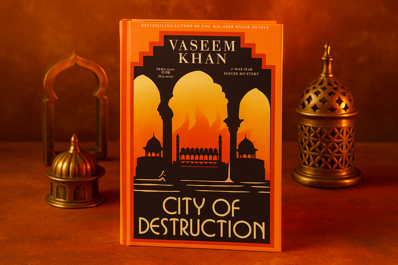 Book titled 'City of Destruction' by Vaseem Khan with decorative elements on a warm-toned background