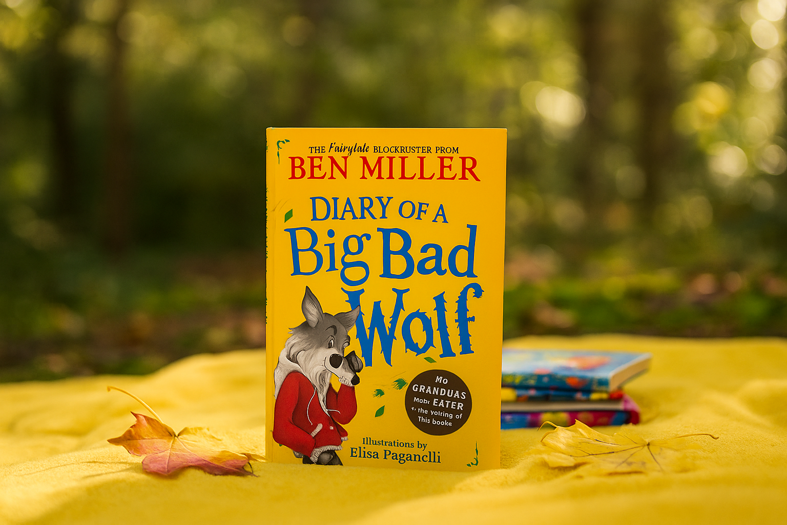 Book titled 'Diary of a Big Bad Wolf' by Ben Miller on a yellow blanket with a forest background