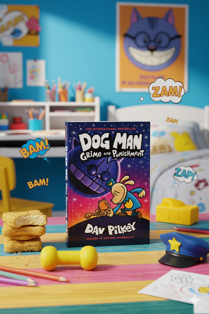 Book titled 'Dog Man: Grime and Punishment' by Dav Pilkey on a colorful desk with toys and stationery.