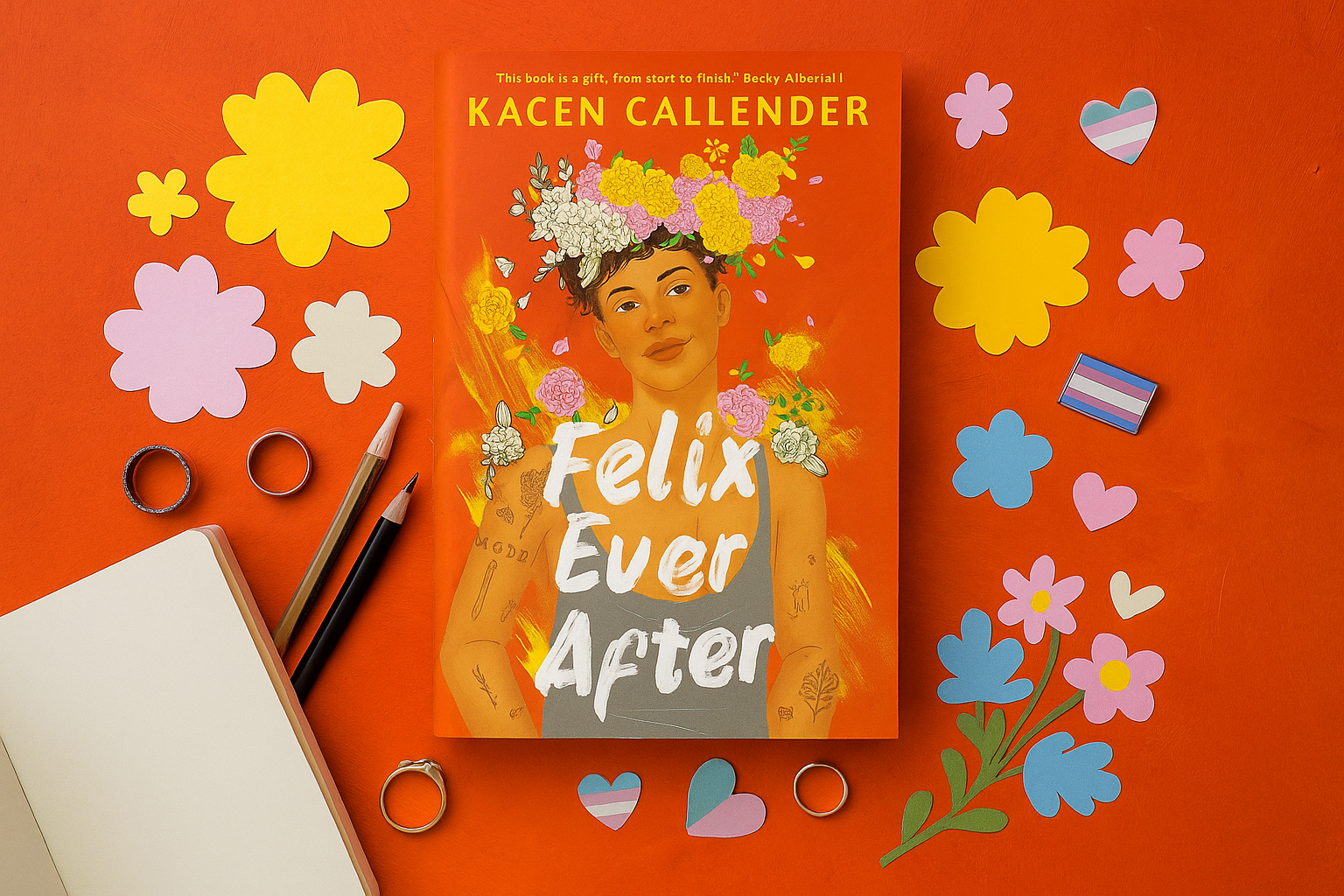 Book cover of 'Felix Ever After' by Kacen Callender on an orange background with decorative elements.