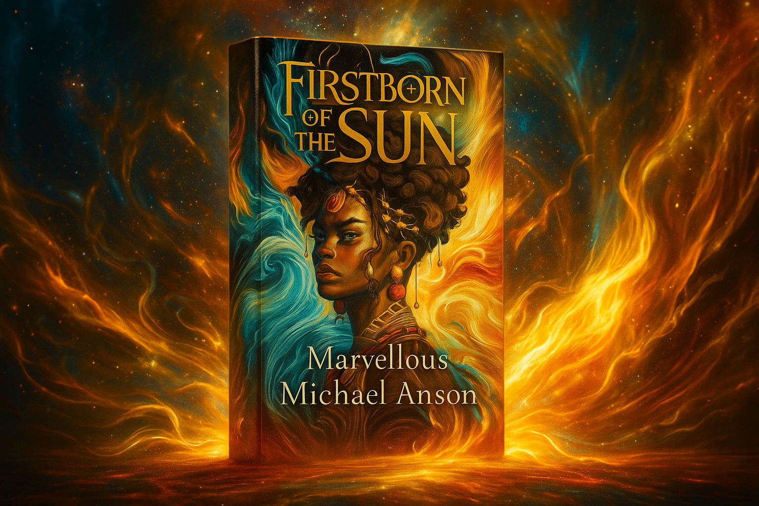 Book cover of 'Firstborn of the Sun' with a fiery background