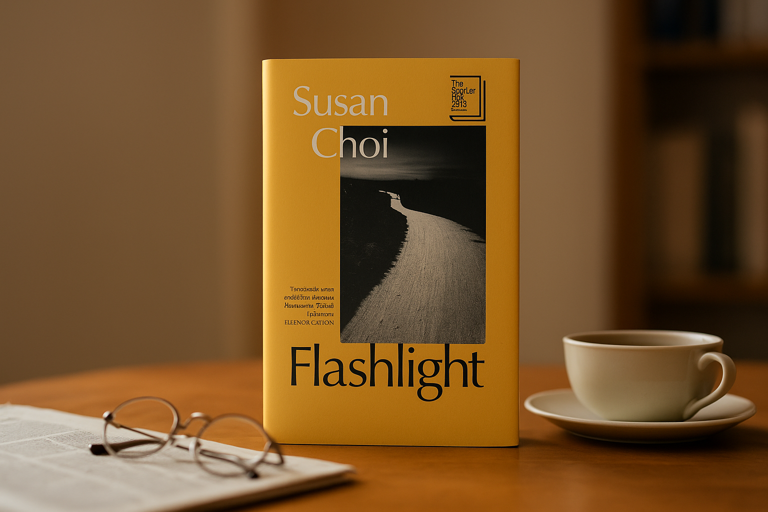 Book titled 'Flashlight' by Susan Choi on a table with a cup of coffee and glasses.