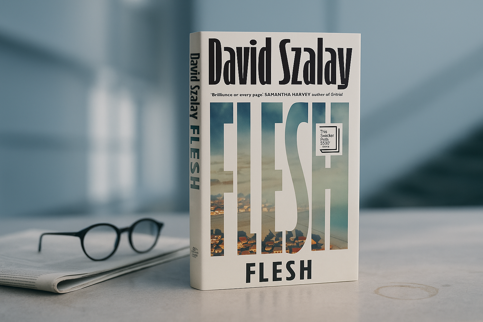 Book titled 'Flesh' by David Szalay on a table with glasses and a notebook.