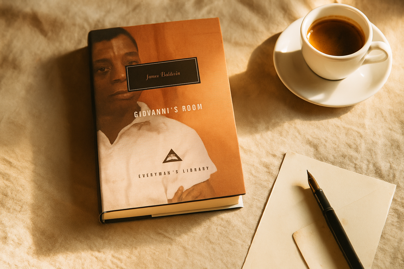 Book titled 'Giovanni's Room' by James Baldwin with a cup of coffee on a textured surface.