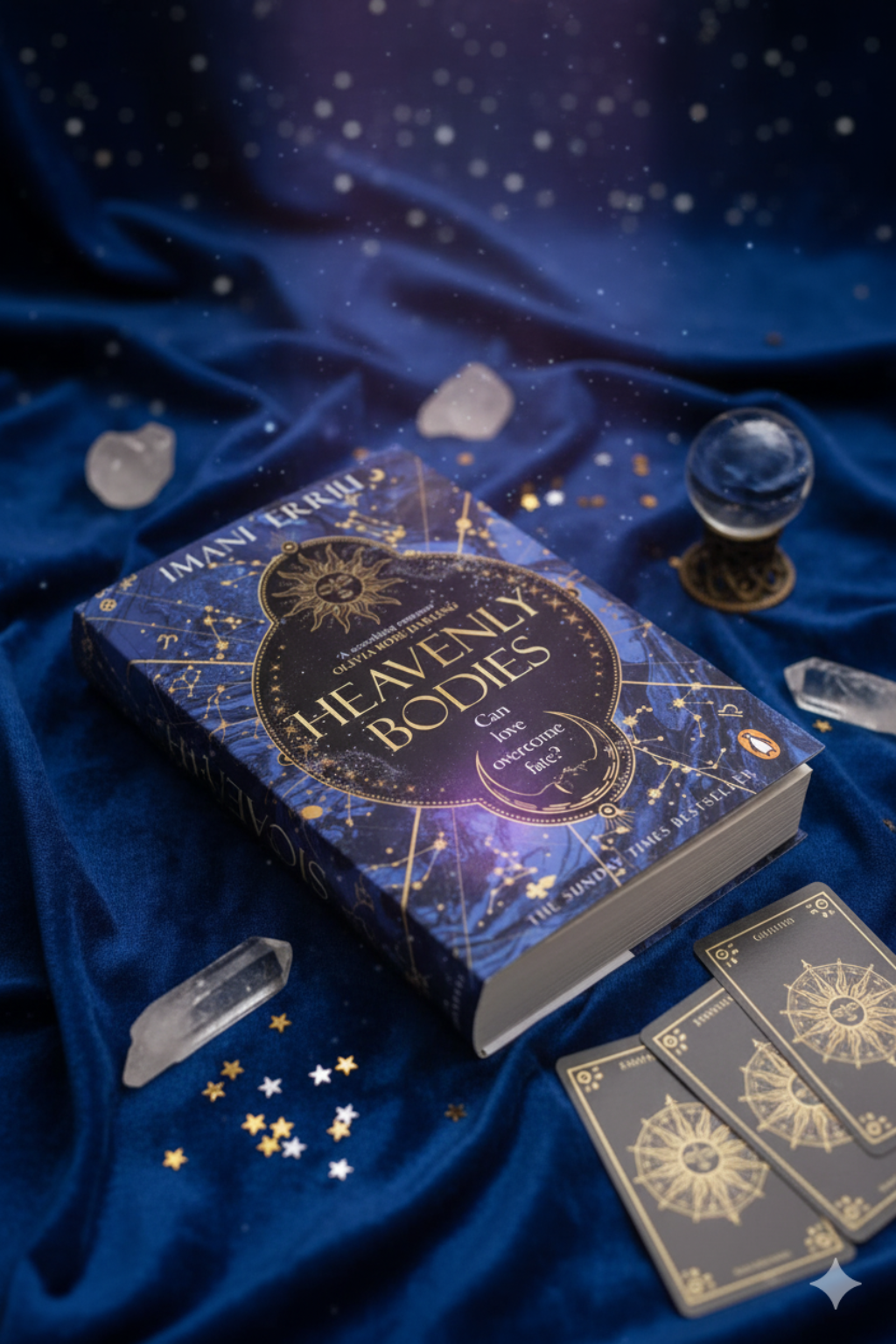 Book titled 'Heavenly Bodies' on a blue fabric background with tarot cards and crystals.