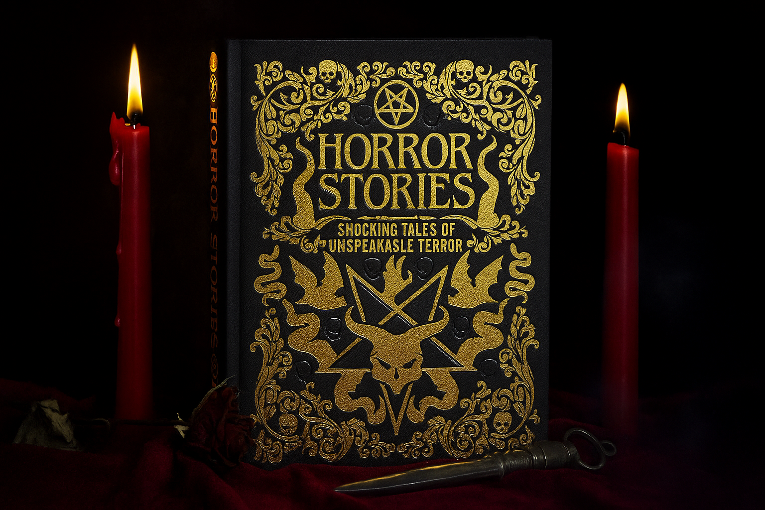 Book titled 'Horror Stories' with gold text and black cover, flanked by two red candles on a dark background.