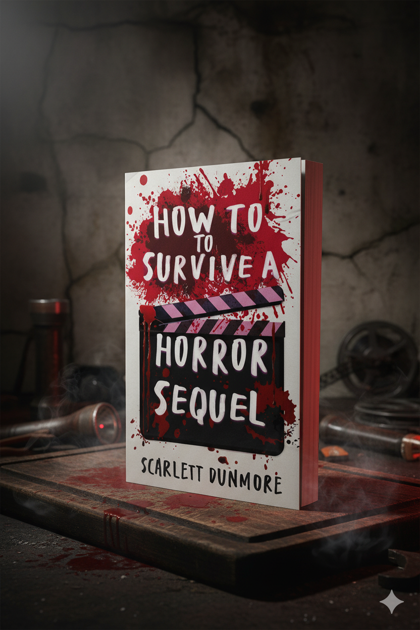 Book titled 'How to Survive a Horror Sequel' with bloodstains on a dark background