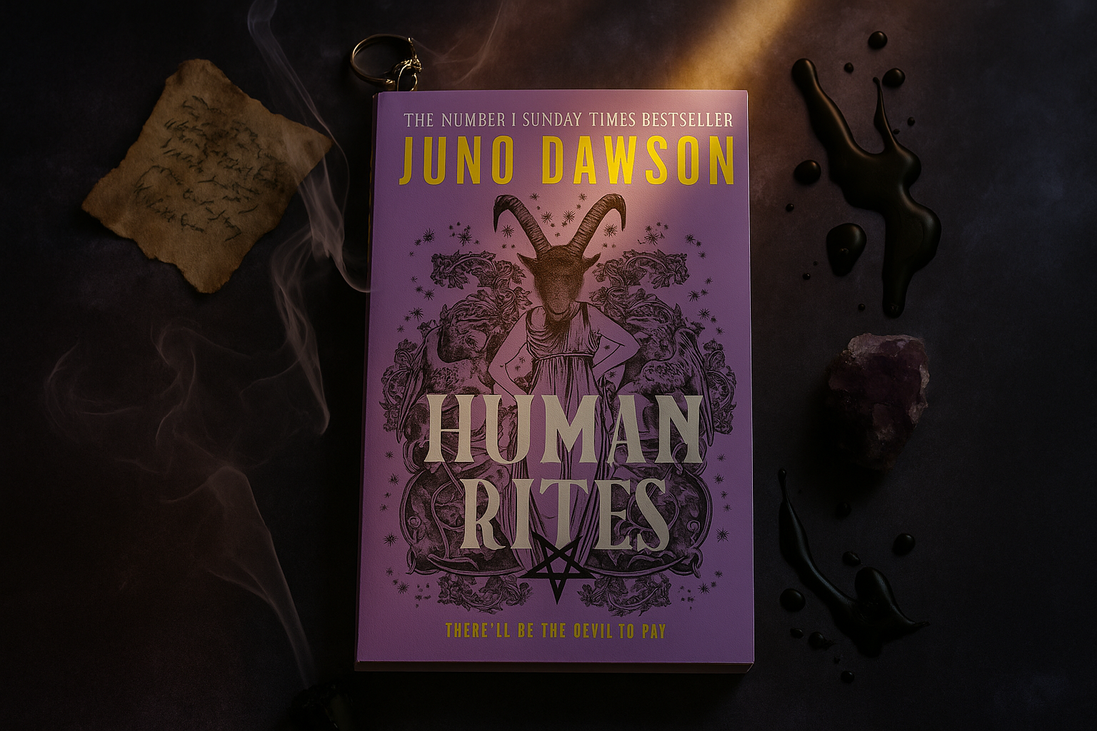 Book titled 'Human Rites' by Juno Dawson on a dark background with mystical elements.