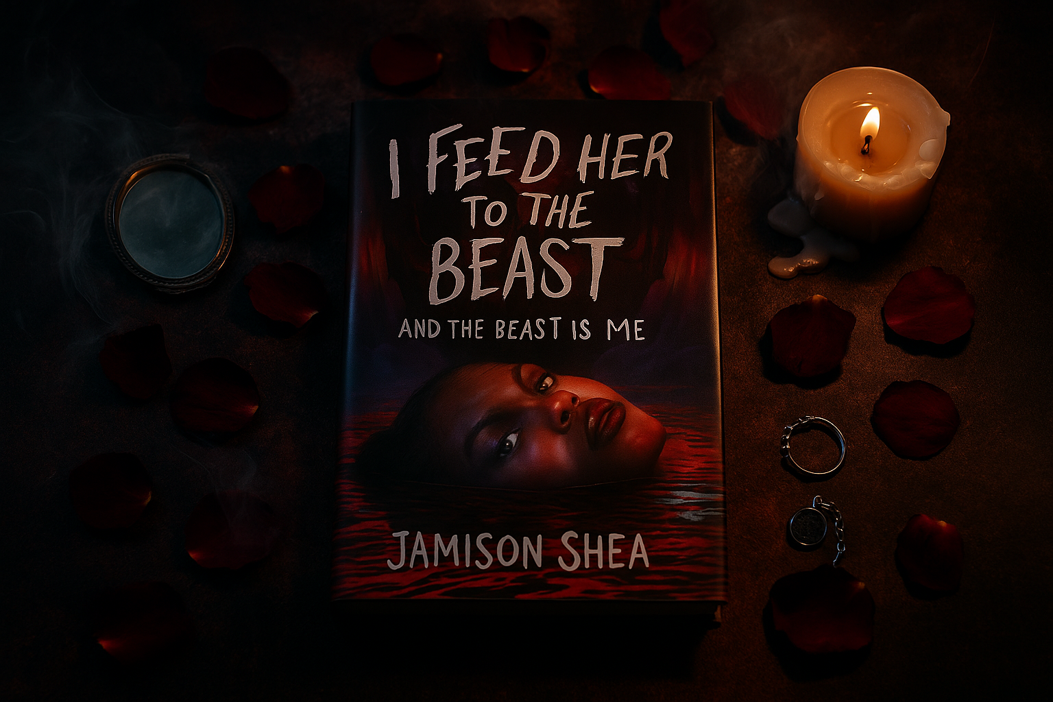 Book titled 'I Feed Her to the Beast and the Beast is Me' by Jamison Shea with a candle and dark background.