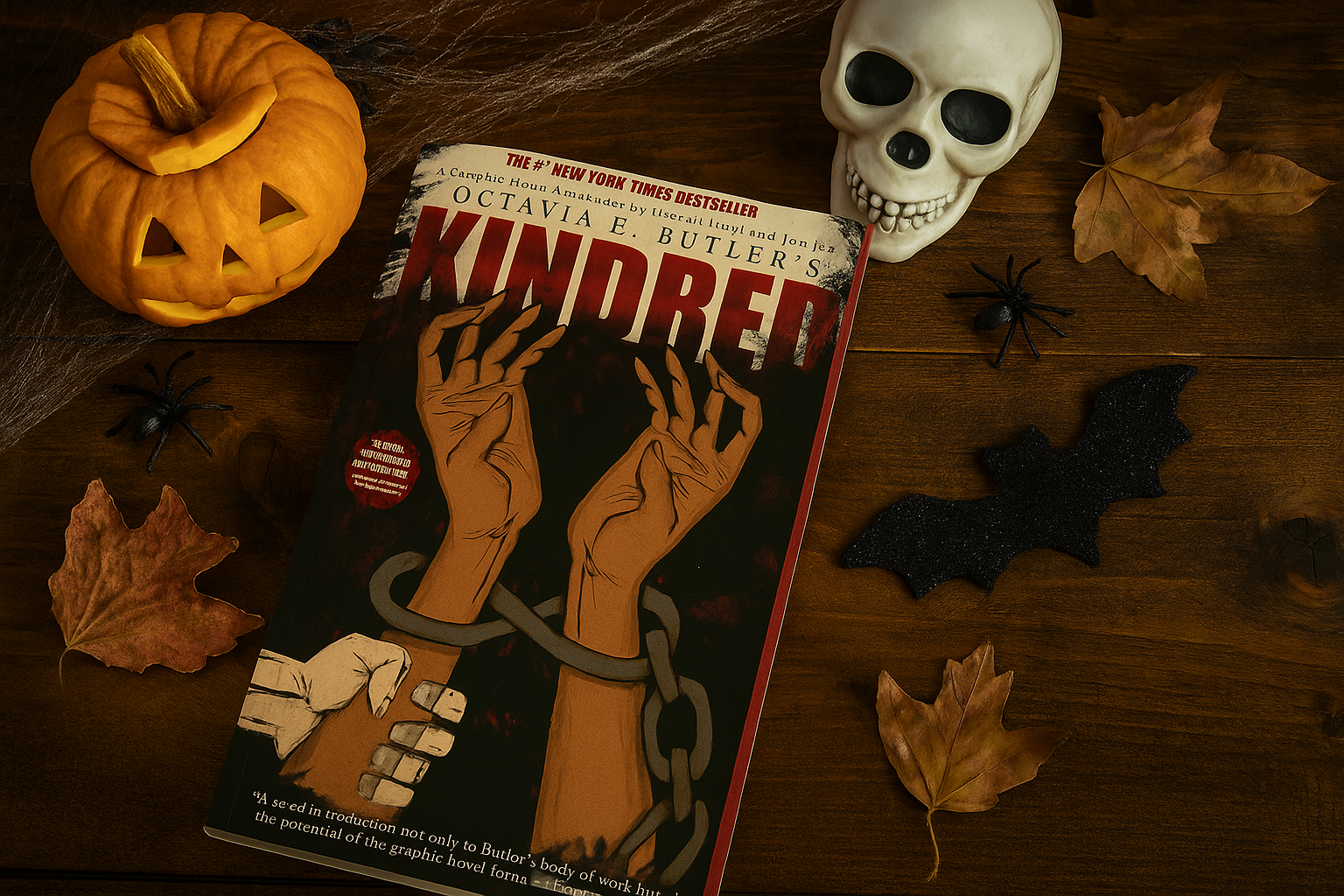 Book titled 'Kindred' by Octavia E. Butler with Halloween decorations on a wooden surface.