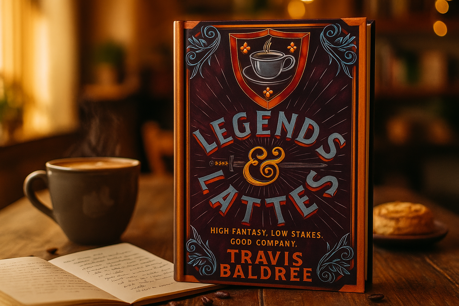 Book titled 'Legends & Lattes' by Travis Baldré on a wooden table with a cup of coffee and cookies.