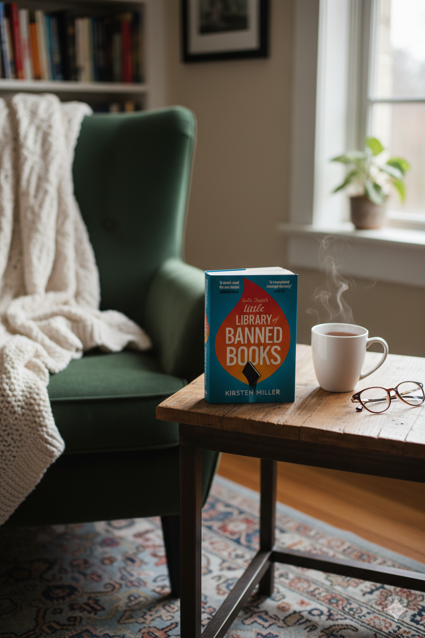 Book titled 'Library Banned Books' on a table with a cup and glasses, in a cozy room.