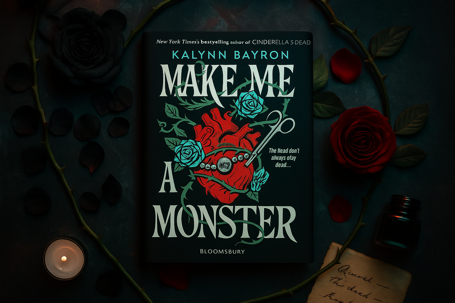 Book cover of 'Make Me a Monster' by Kalynn Bayron with decorative elements on a dark background.