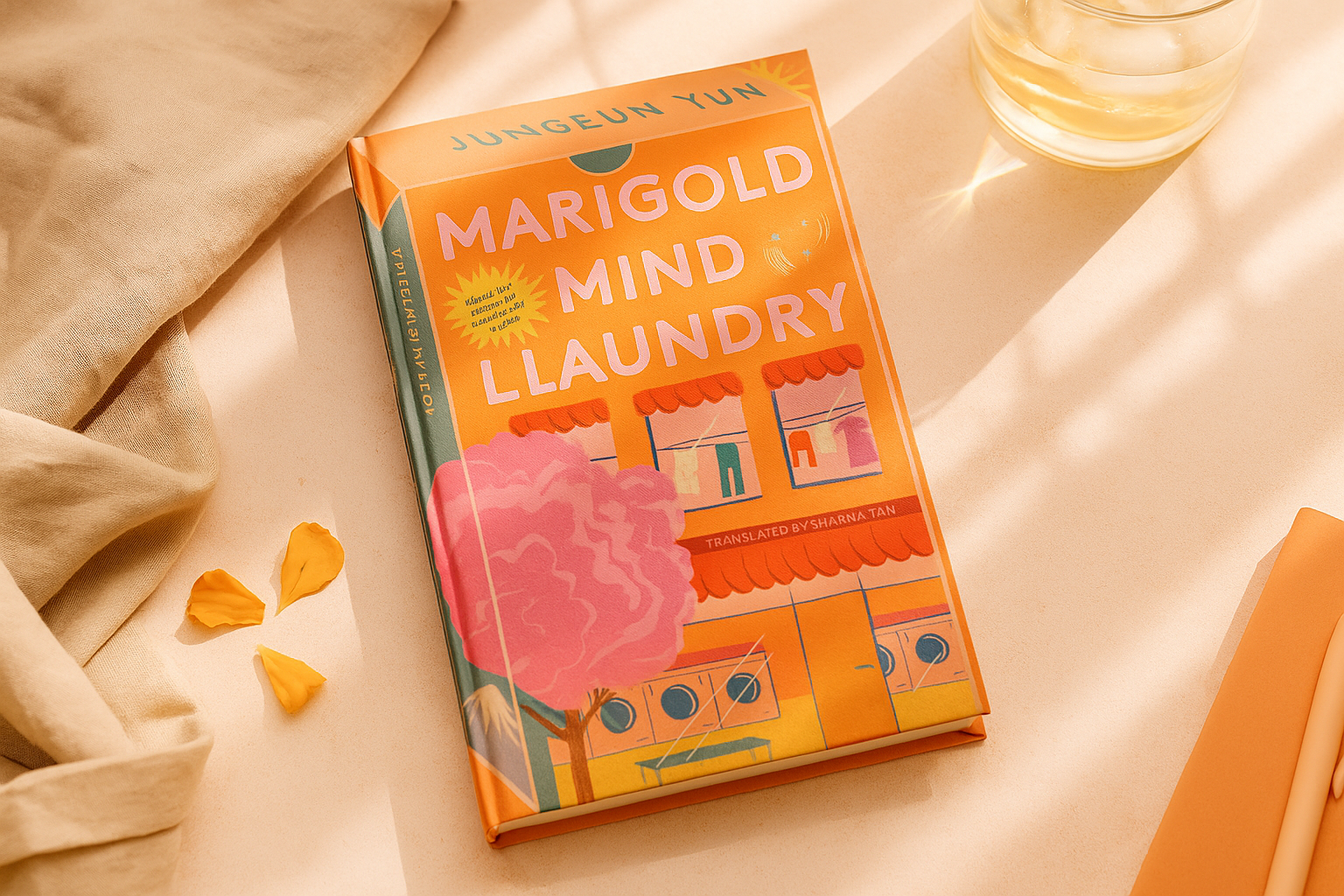 Book titled 'Marigold Mind Laundry' by Jungsun Yun on a light fabric background