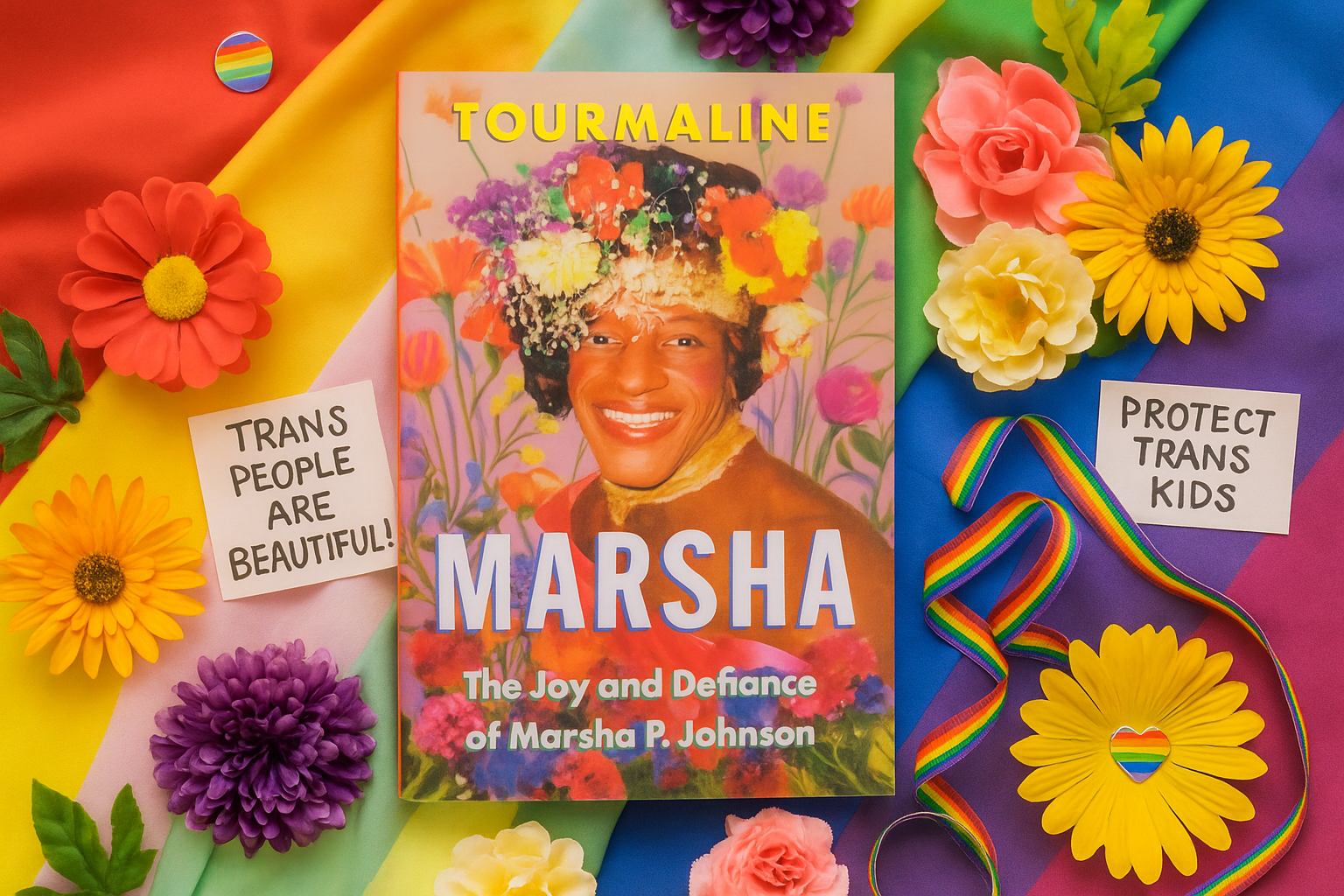 Book titled 'Marsha' with colorful flowers and rainbow elements on a vibrant background