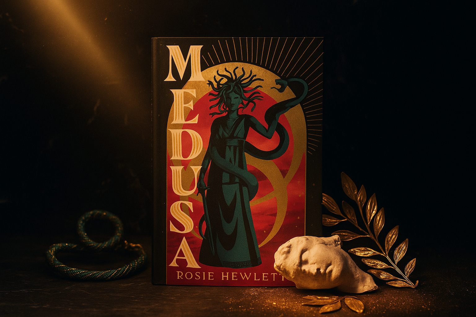 Book titled 'Medusa' by Rosie Hewlett with a dark background and decorative elements.