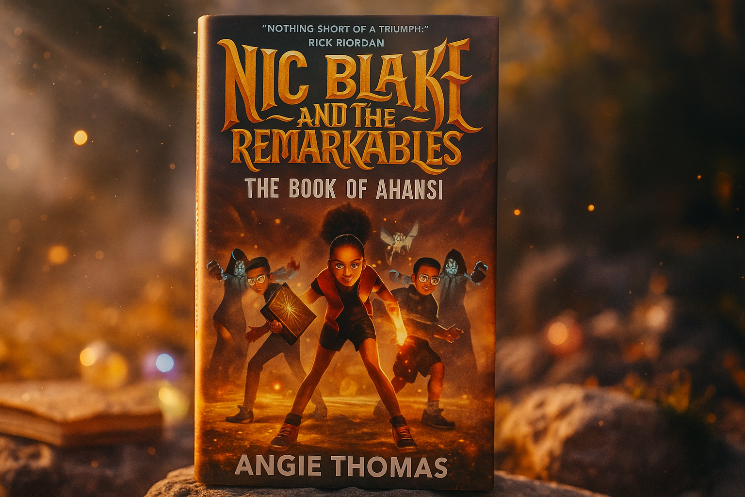 Book cover of 'Nic Blake and the Remarkables: The Book of Ahansi' by Angie Thomas with a fantasy-themed background.