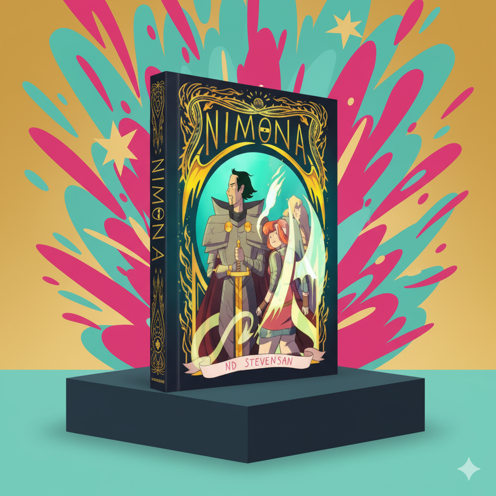 Book titled 'Nimona' with colorful abstract design in the background