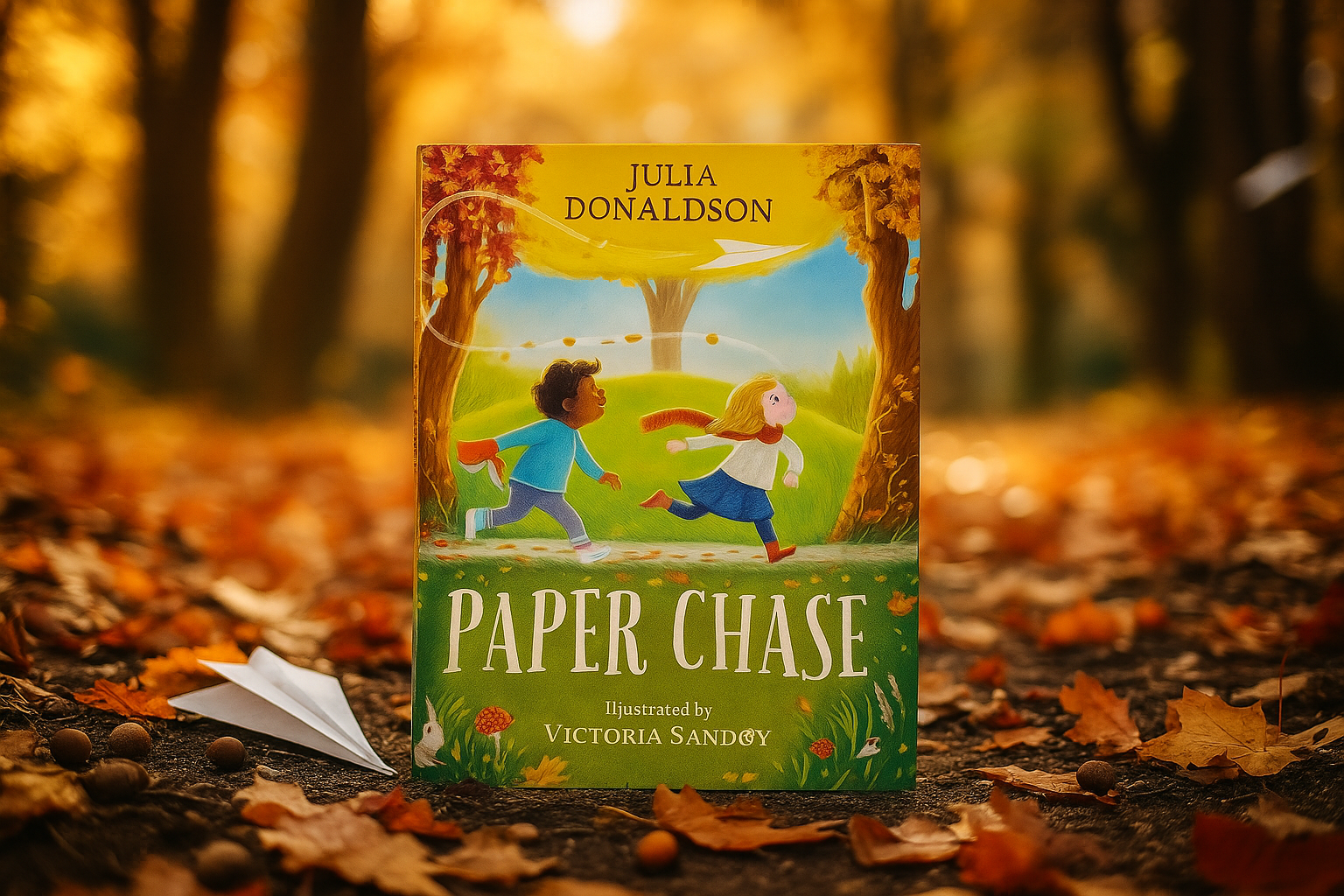 Book titled 'Paper Chase' by Julia Donaldson on a leaf-covered ground with autumn trees in the background