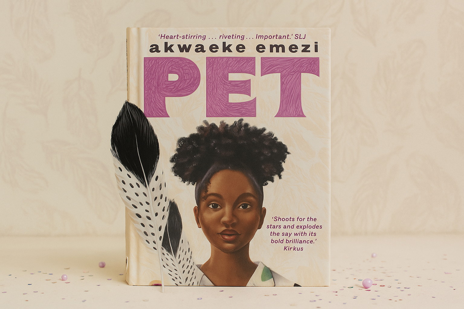Book cover of 'PET' by akwaeke emezi on a light wooden background