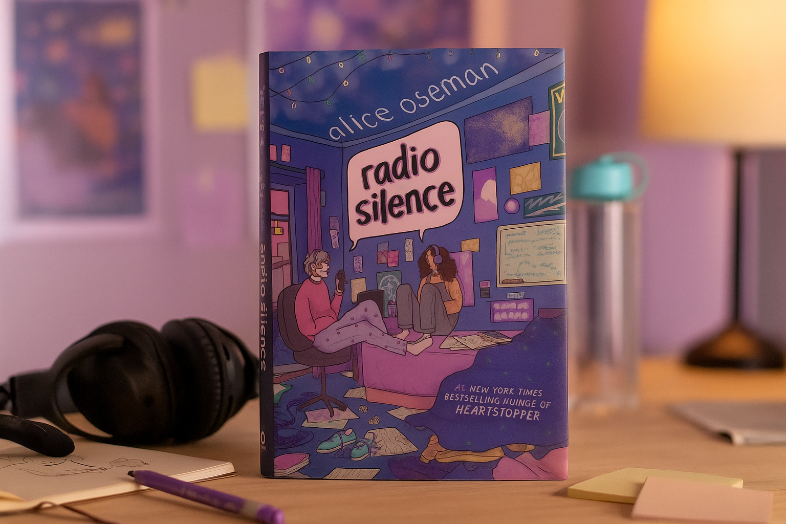 Book titled 'radio silence' by Alice Oseman on a table with headphones and a lamp in the background
