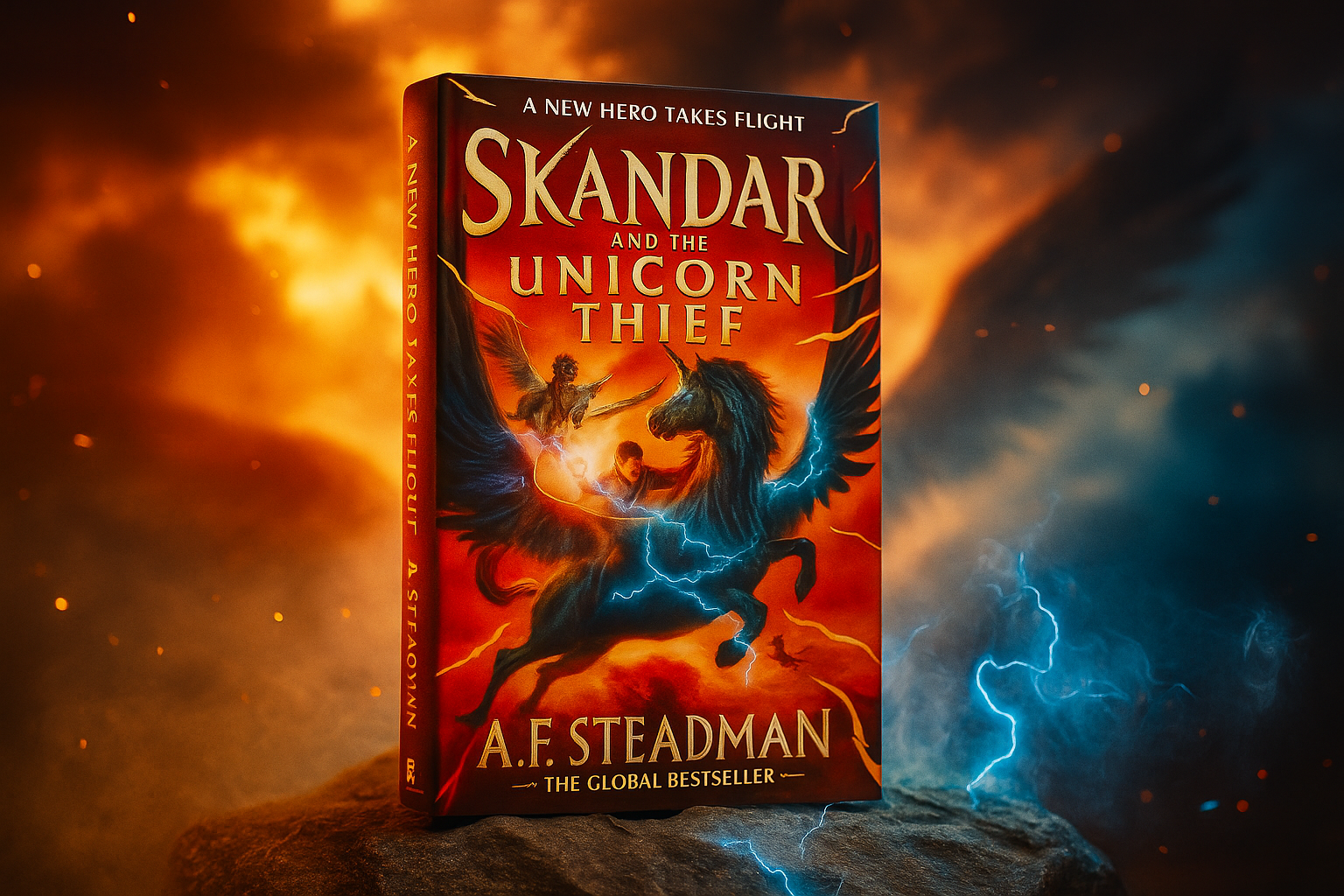 Book cover of 'Skandar and the Unicorn Thief' by A.F. Steadman with fiery and mystical background