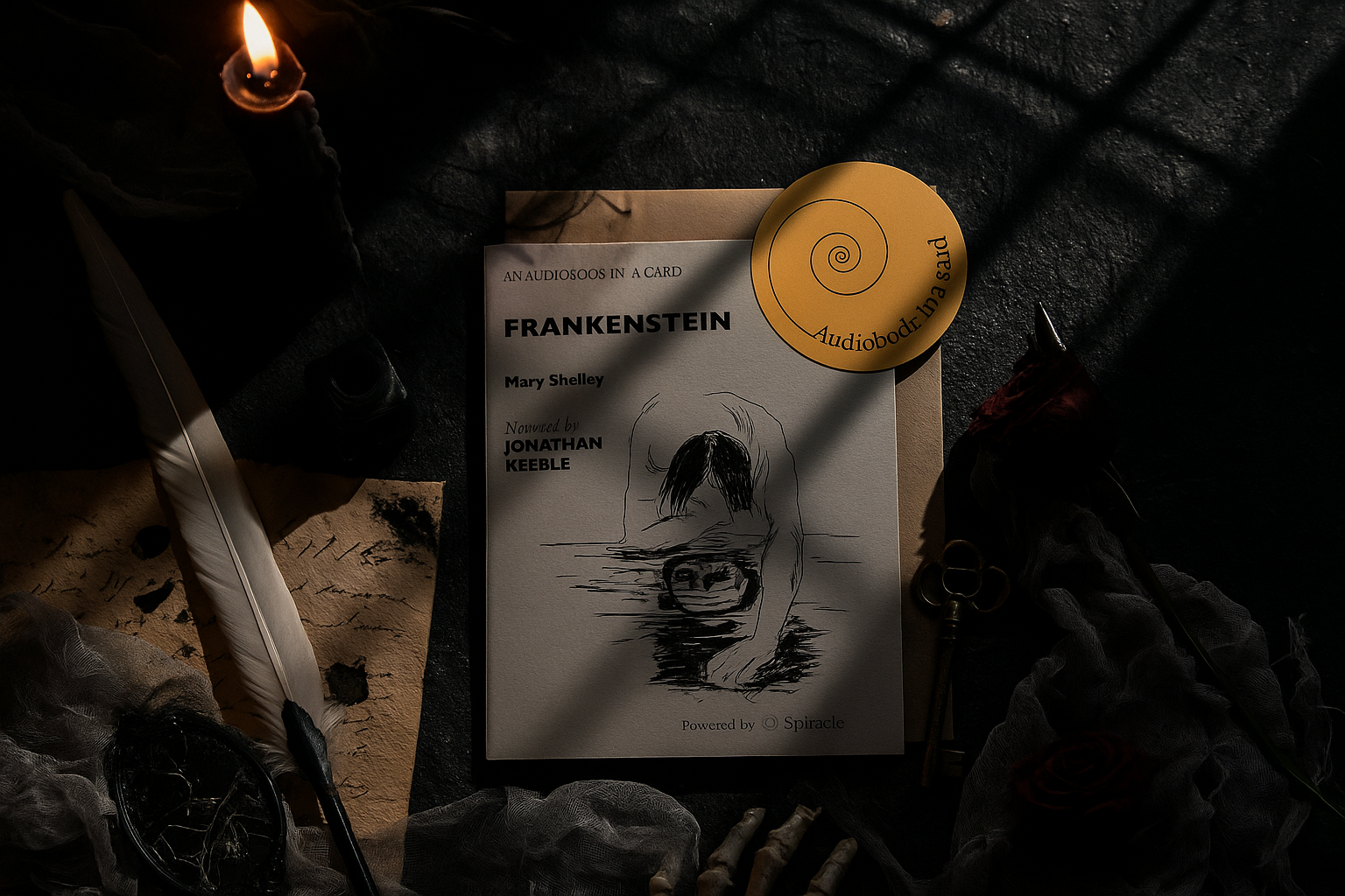 Book titled 'Frankenstein' with an audiobook disc on a dark surface