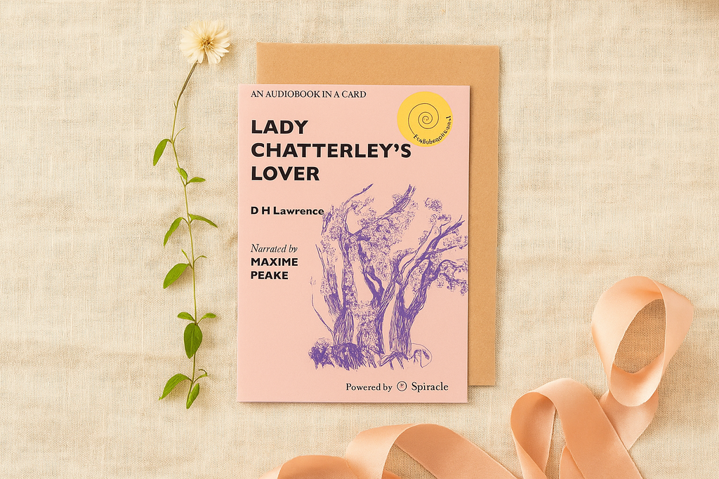 Card with 'Lady Chatterley's Lover' audiobook cover on a beige background