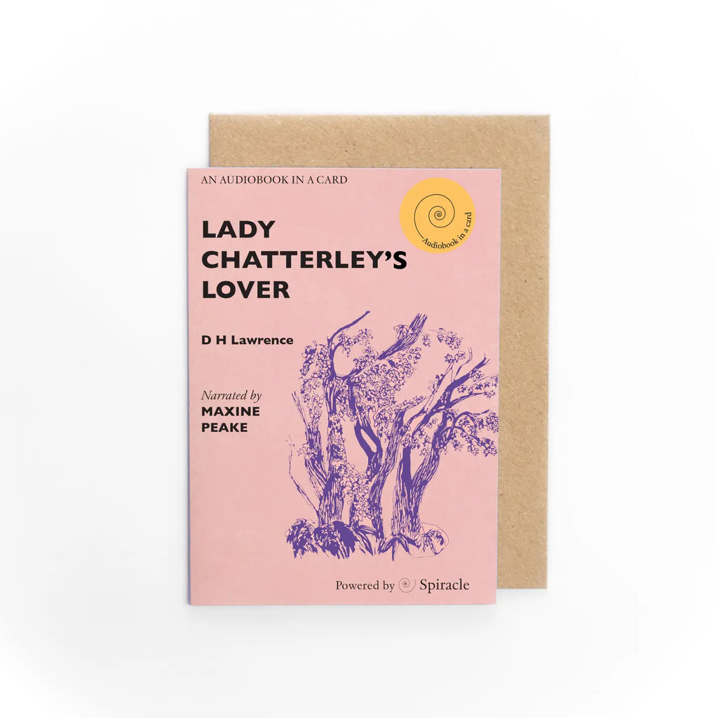 Greeting card with 'Lady Chatterley's Lover' audiobook information on a pink background