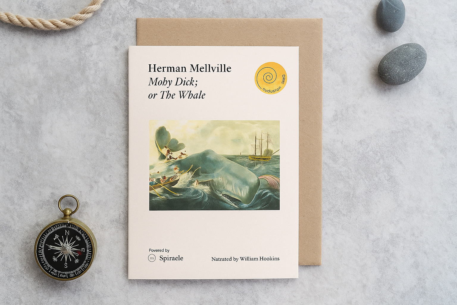 Book cover of 'Moby Dick' by Herman Melville with a compass and stones on a textured surface