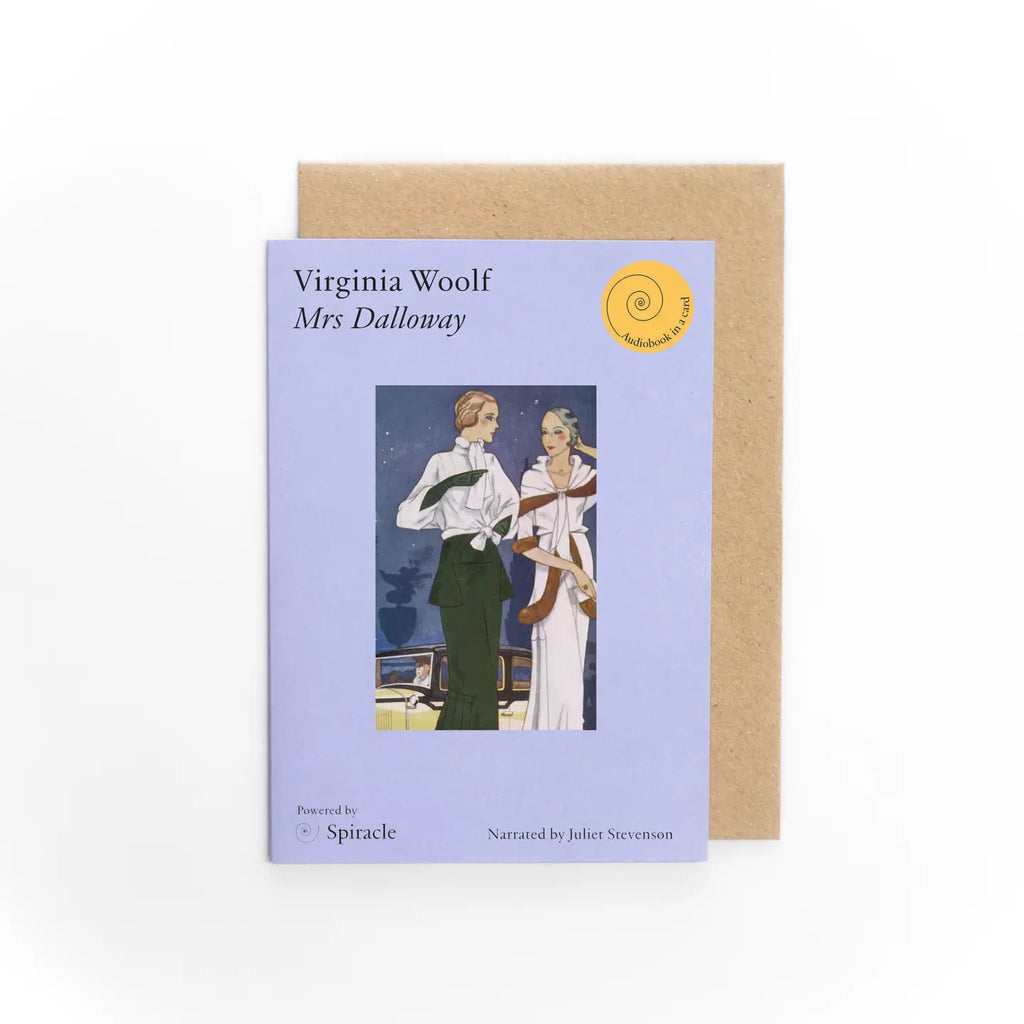 Book cover of 'Mrs Dalloway' by Virginia Woolf with illustration of two women on a purple background.