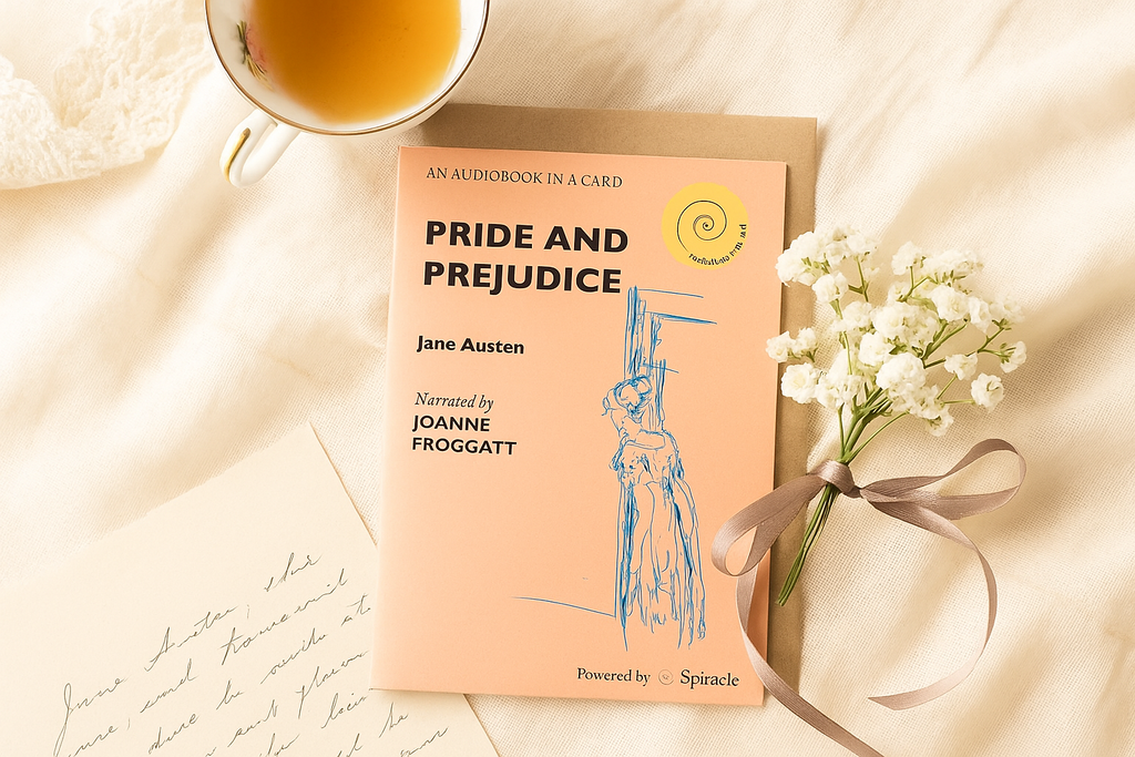 Pride and Prejudice audiobook by Jane Austen with a cup of tea and flowers on a soft background